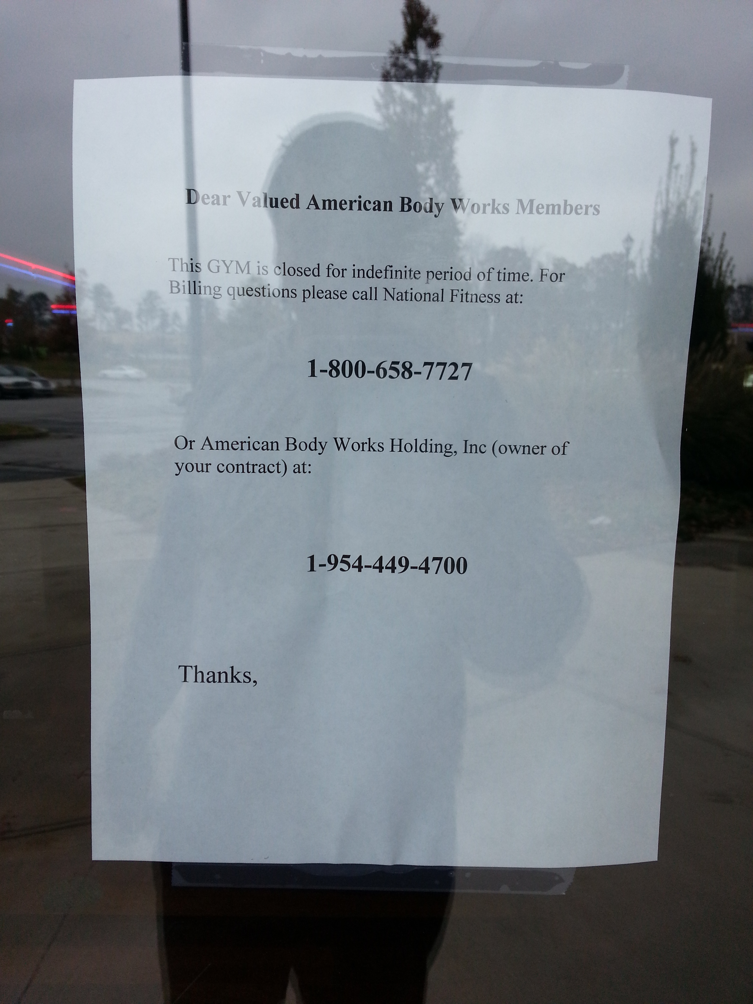 note on the gym door, 11-16-2013