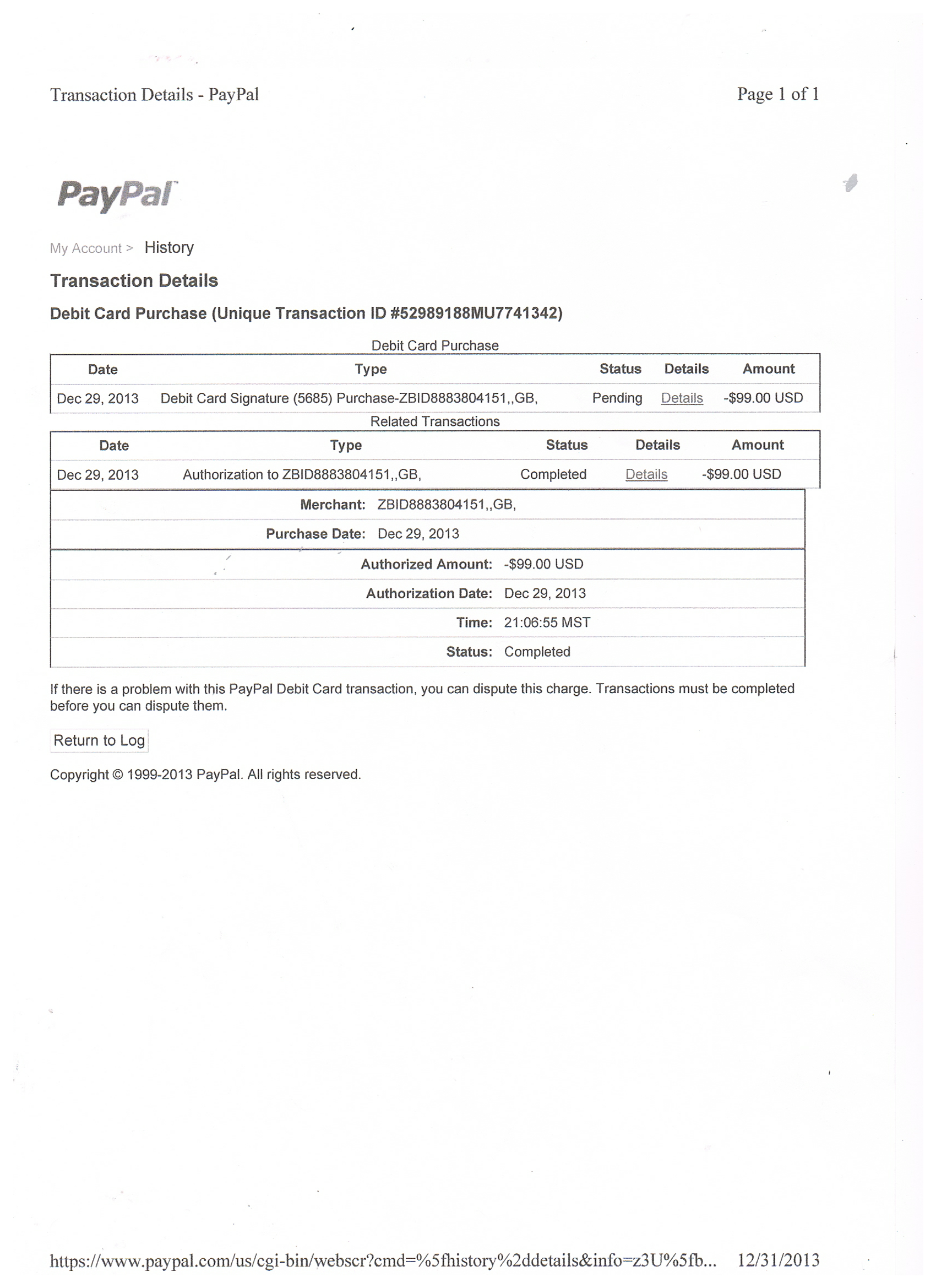 Transaction Details
PayPal