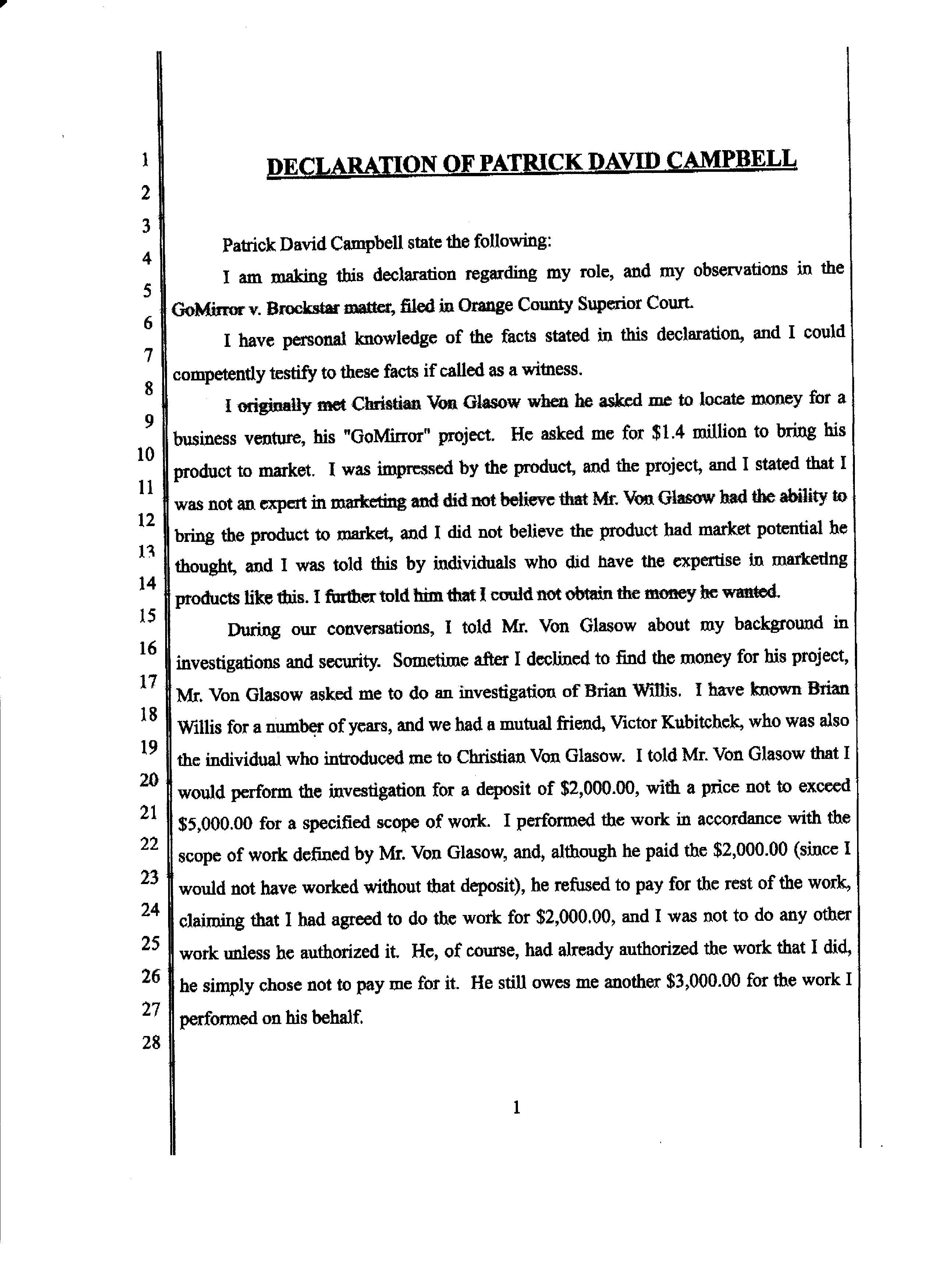 PATRICK CAMPBELL DECLARATION PAGE 1
