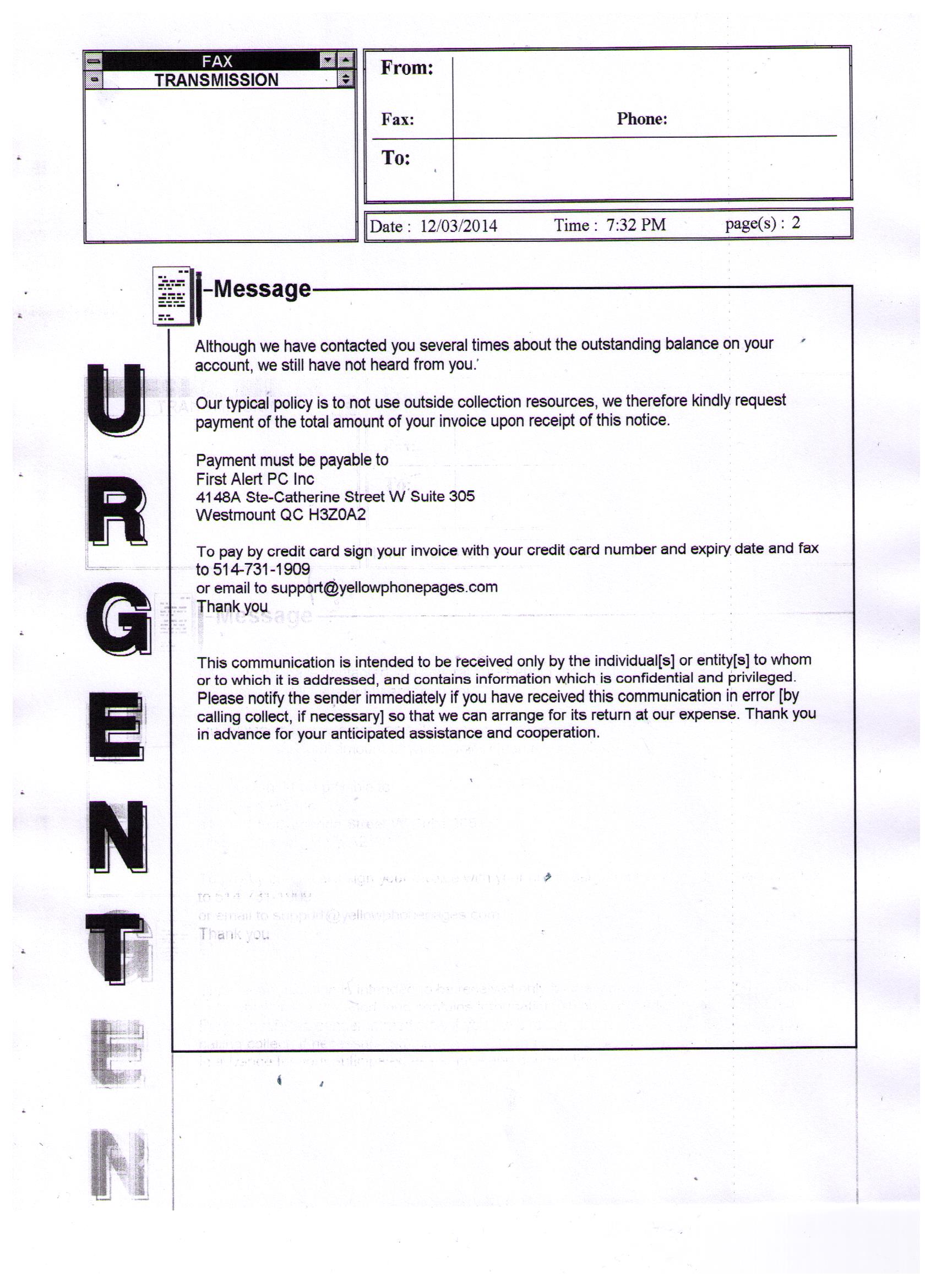 Cover sheet of fax threating to use a collection resource