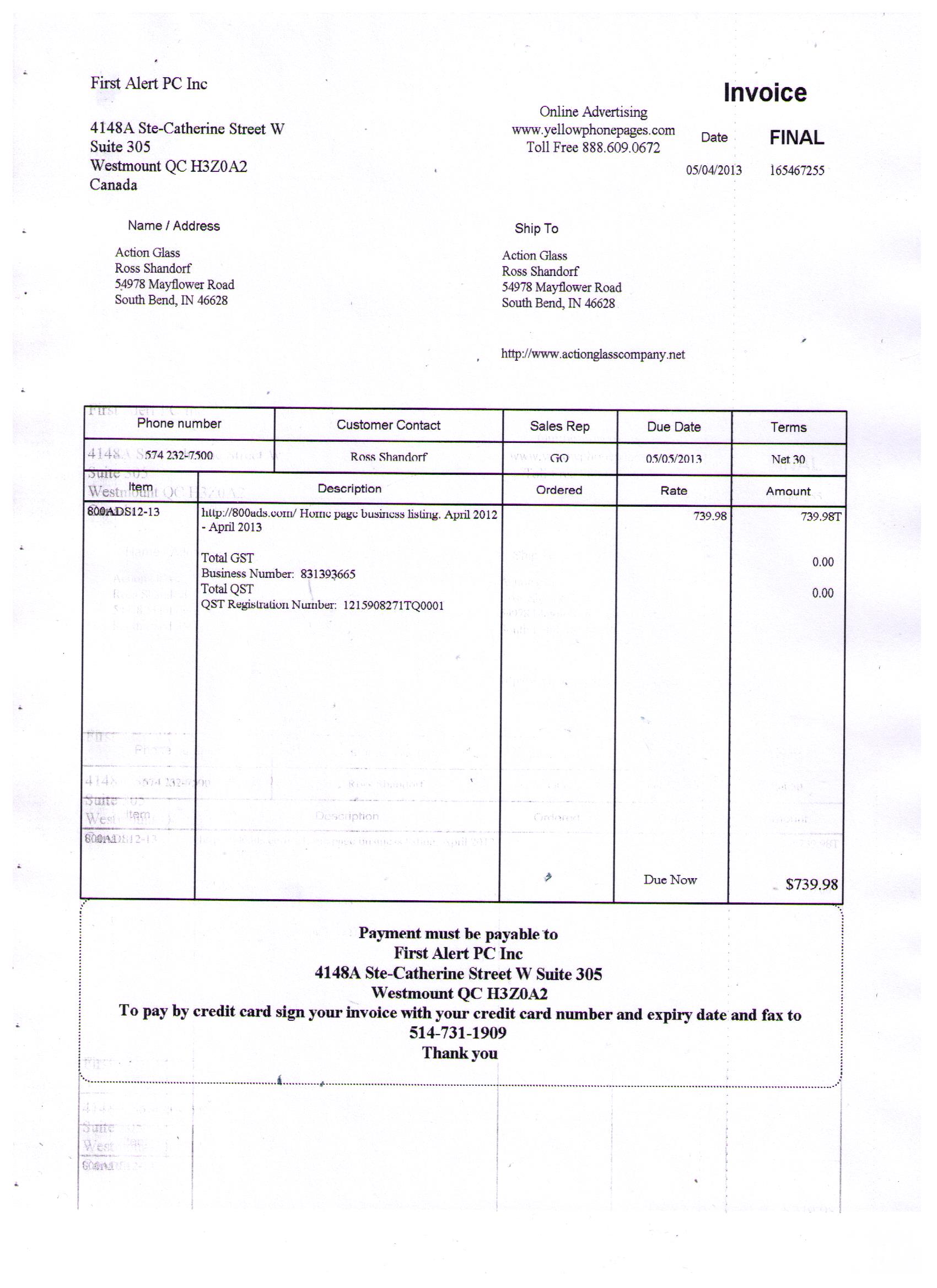 Faxed invoice