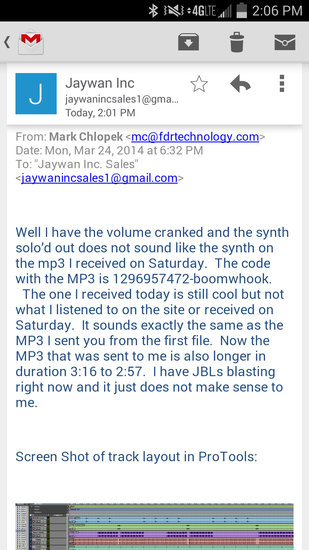 Mark aka Scammer sending us a screenshot of the session files loaded up in his Pro Tools and complaining about the volume because he didn't know how to adjust levels properly.