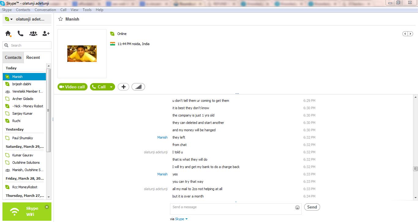 skype snap shot to proof further that ebranding experts intentionally deleted me from skype and also their online live chat.
with help of Indian friend to contact them about my project and they barred