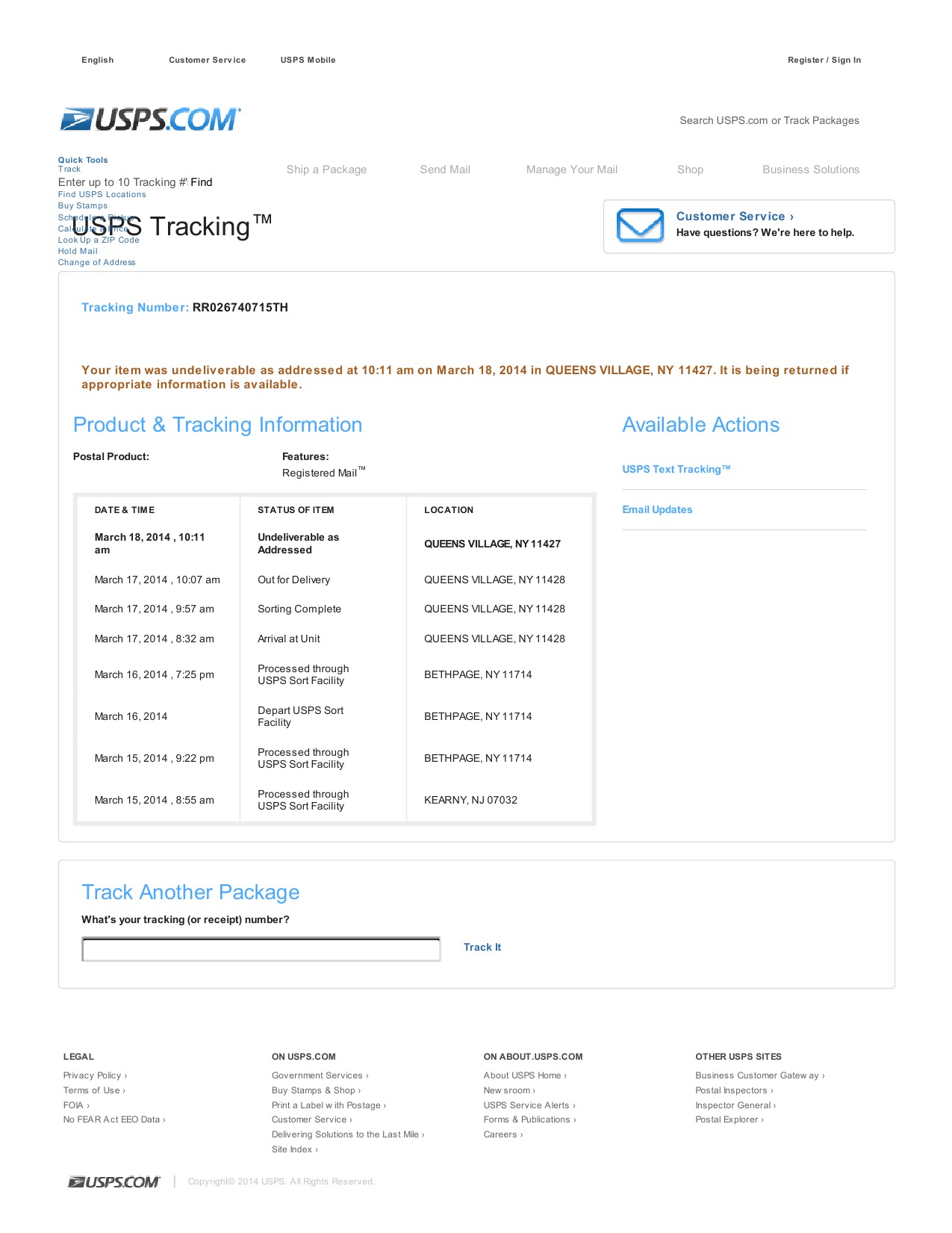 The Real Tracking information showing it was not delivered.