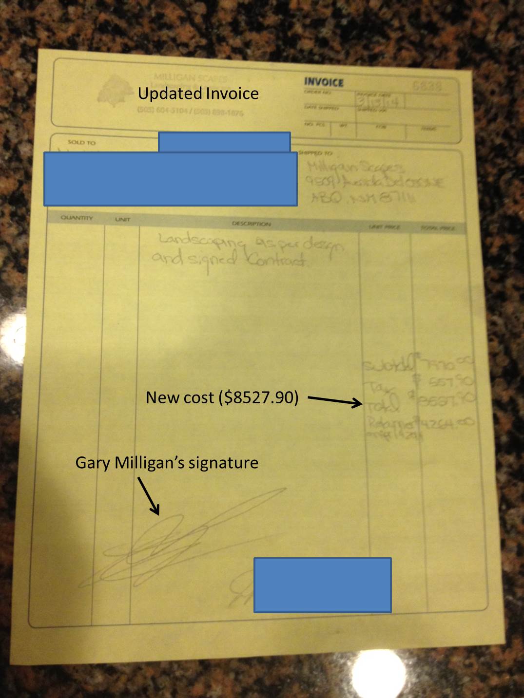 Updated invoice (signed by Gary Milligan)