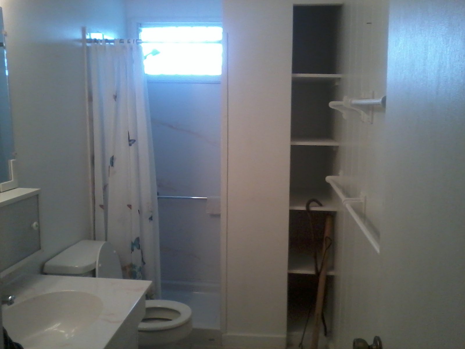 Shower stall that was in question - leaking under the shower pan and set into and under the closet and vinyl tile.