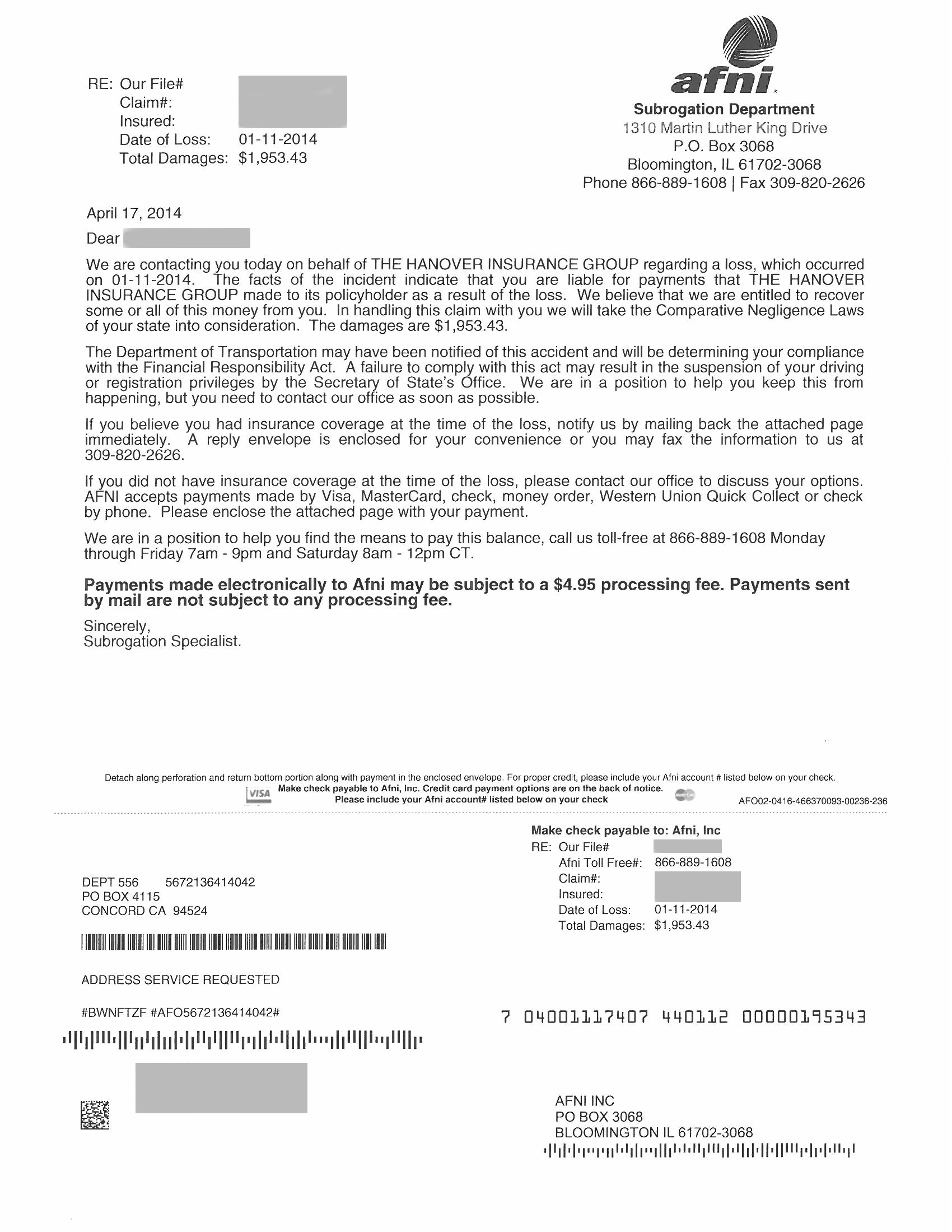 AFNI, Inc - Hanover Insurance Group SCAM letter