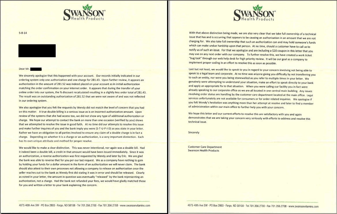 Swanson letter of 08 May 2014 in response to my FAX letter of 01 May 2014
	