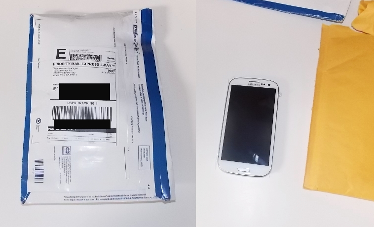 Here's a snapshot of the phone as we received it and the mailing envelope.  It looks okay and is working fine.
