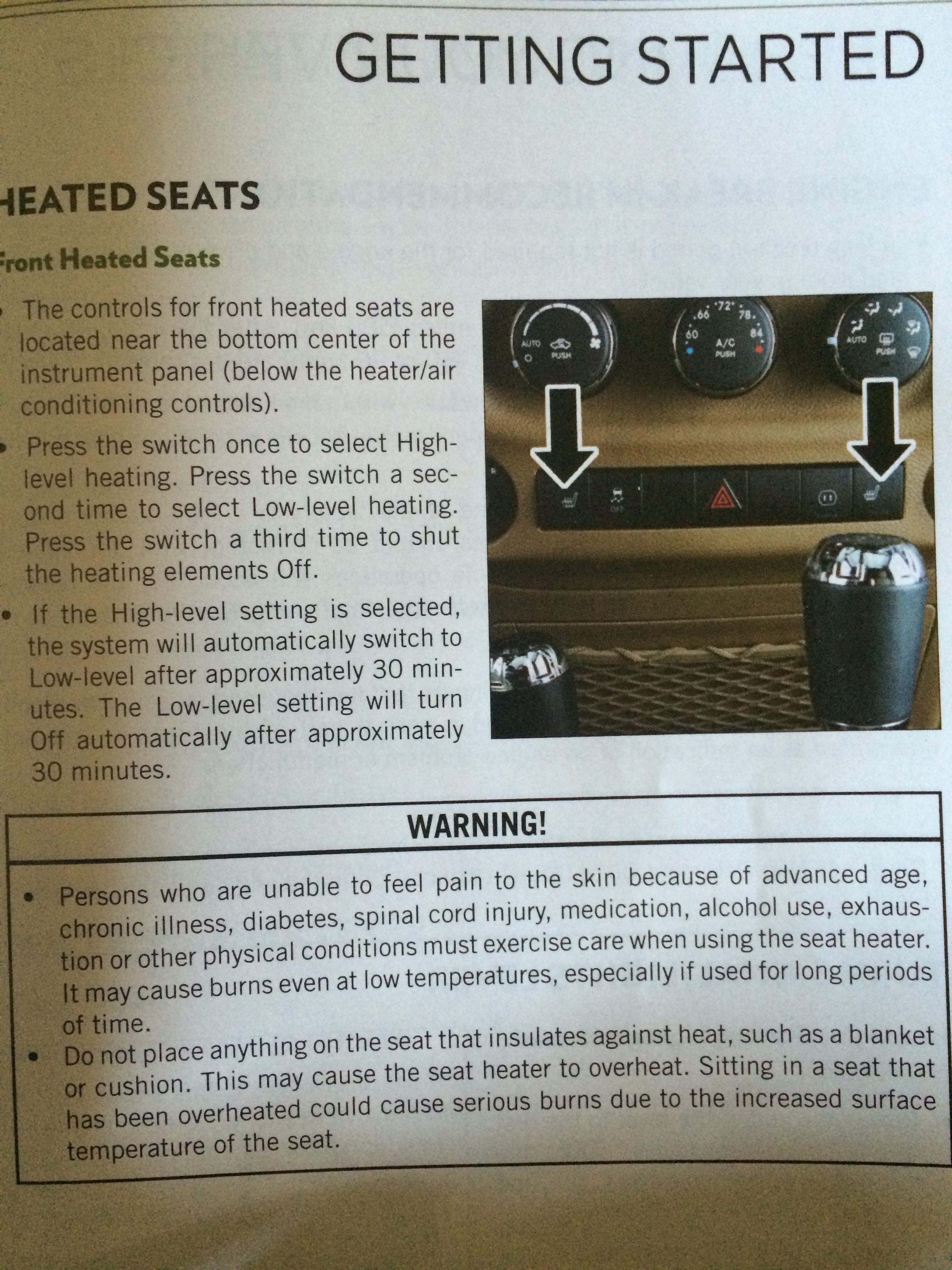 owners manual how heated seats should be installed from factory on dash