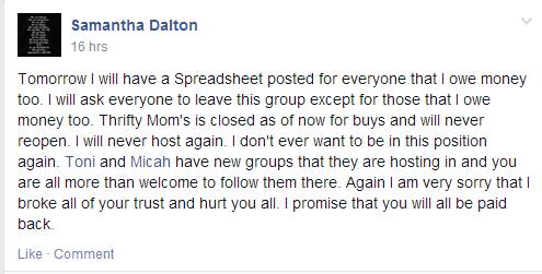 Promising to never scam others again and refund everyone. So far she has failed to make good on her promises to refund and this time may need pressure from law enforcement. 