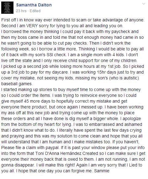 Admitting to scamming members of The Thrifty Moms (she has failed to refund all but a handful of members)