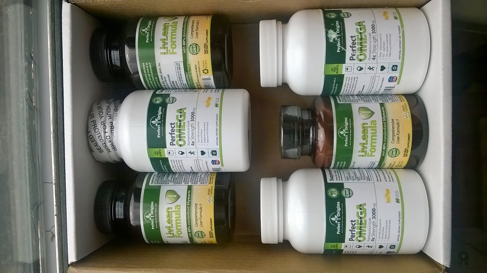 Perfect Origins supplements.  LivLean formula 1 & Omega.  Unopened portions & empty bottles ready to be returned.