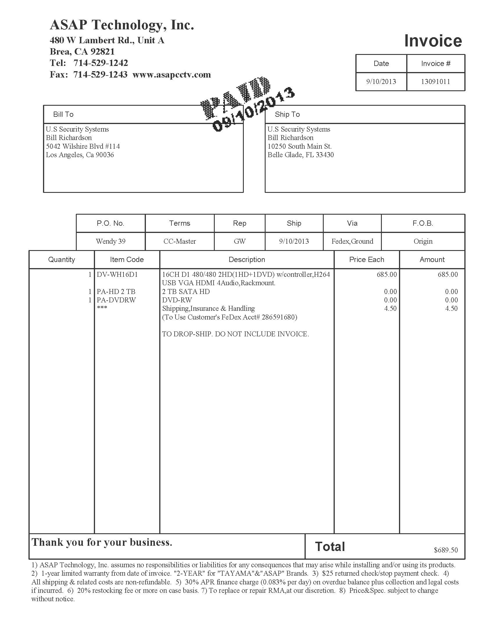 Invoice showing the wrong DVR was shipped