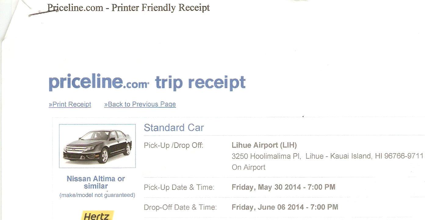 Photo of the Priceline.com online receipt which Hertz would not honor at Lihue airpot in Kuaii