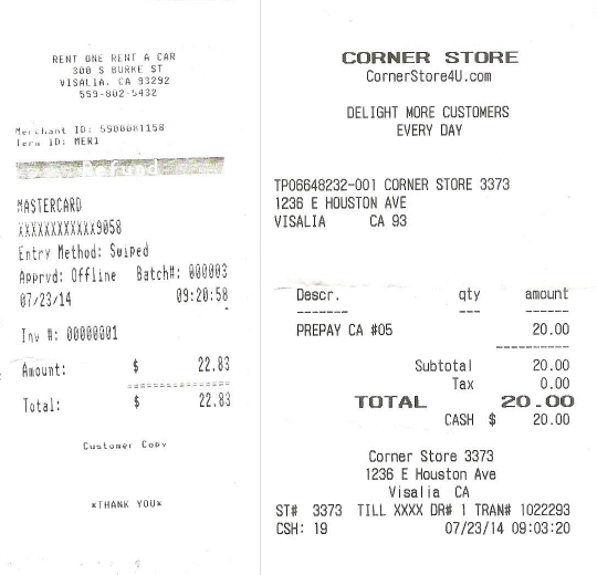 LEFT: Receipt from Rent One, showing my deposit had already been refunded to my MasterCard. RIGHT: Gas receipt from (Valero) Corner Store. 
Note the date/time stamps. I topped off at 9:03-a.m., and dr
