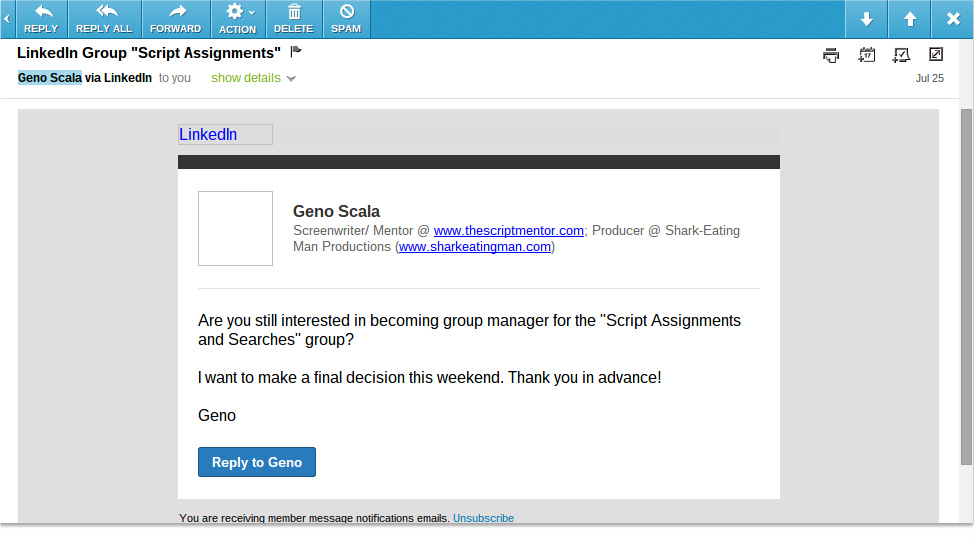 Geno Scala contacts me, asks if I'm interested in the position (turns out to be unpaid).