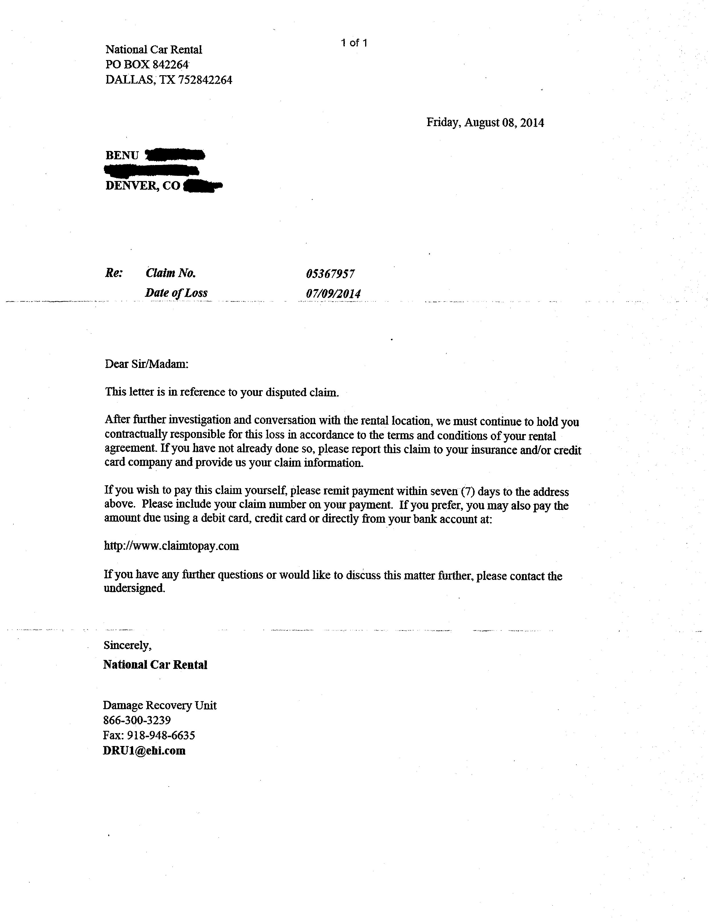 After disputing claim for a week they send this letter.