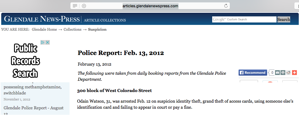Glendale News-Press Article of February 2012 Arrest