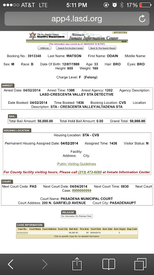 Booking Summary for April 2014 Arrest
