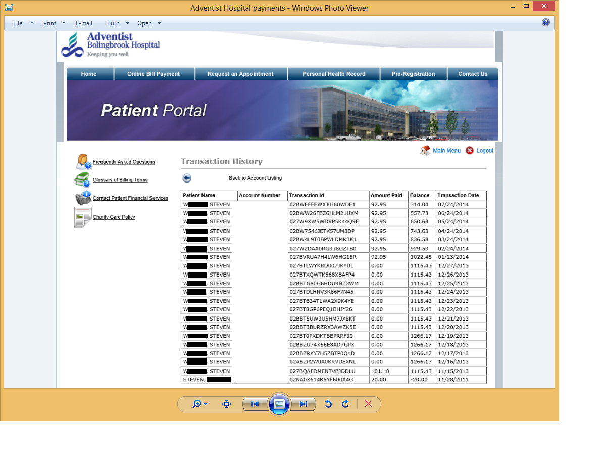 Payments to the hospital through billing portal.  (account number removed for privacy)