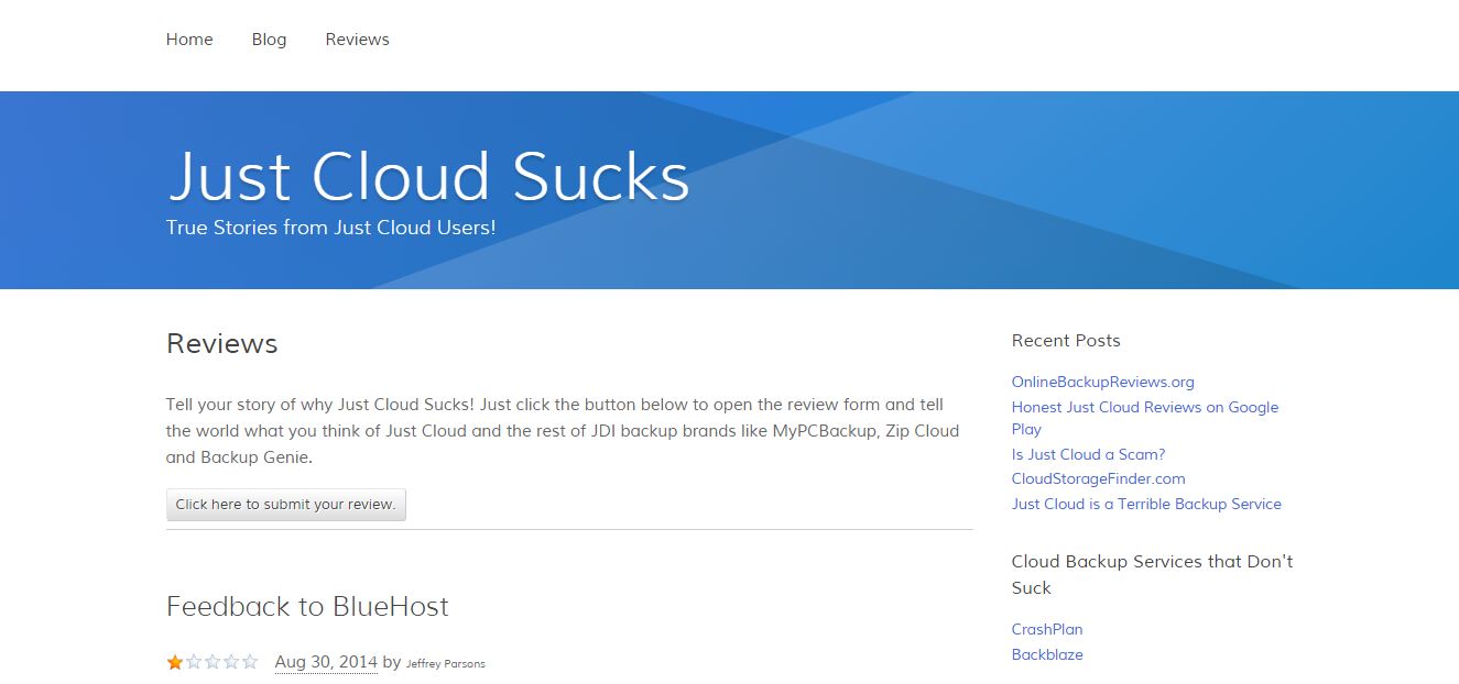 A screenshot of an all too legitimate website: http://justcloudsucks.net/reviews/