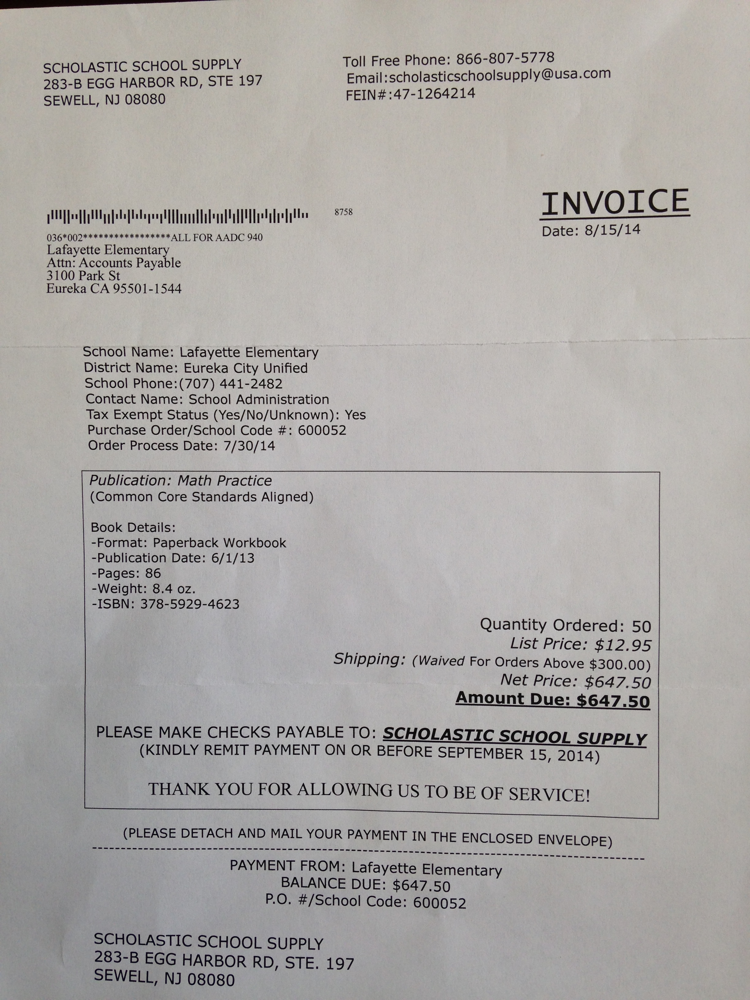 Picture of the phony invoice