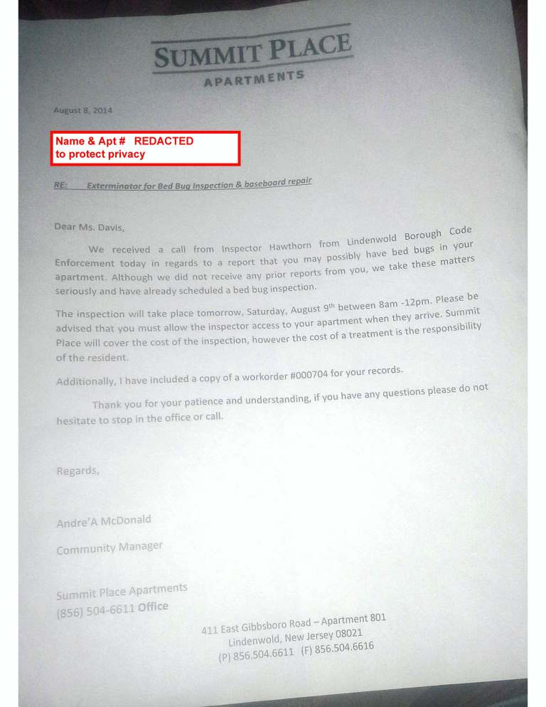 Exactly 2 hours and 1 minute after I complained to Lindenwold Inspector about needed repairs, Makini Corsey came with this notice. I told her that I never in my life had bedbugs nor even seen one. (I 