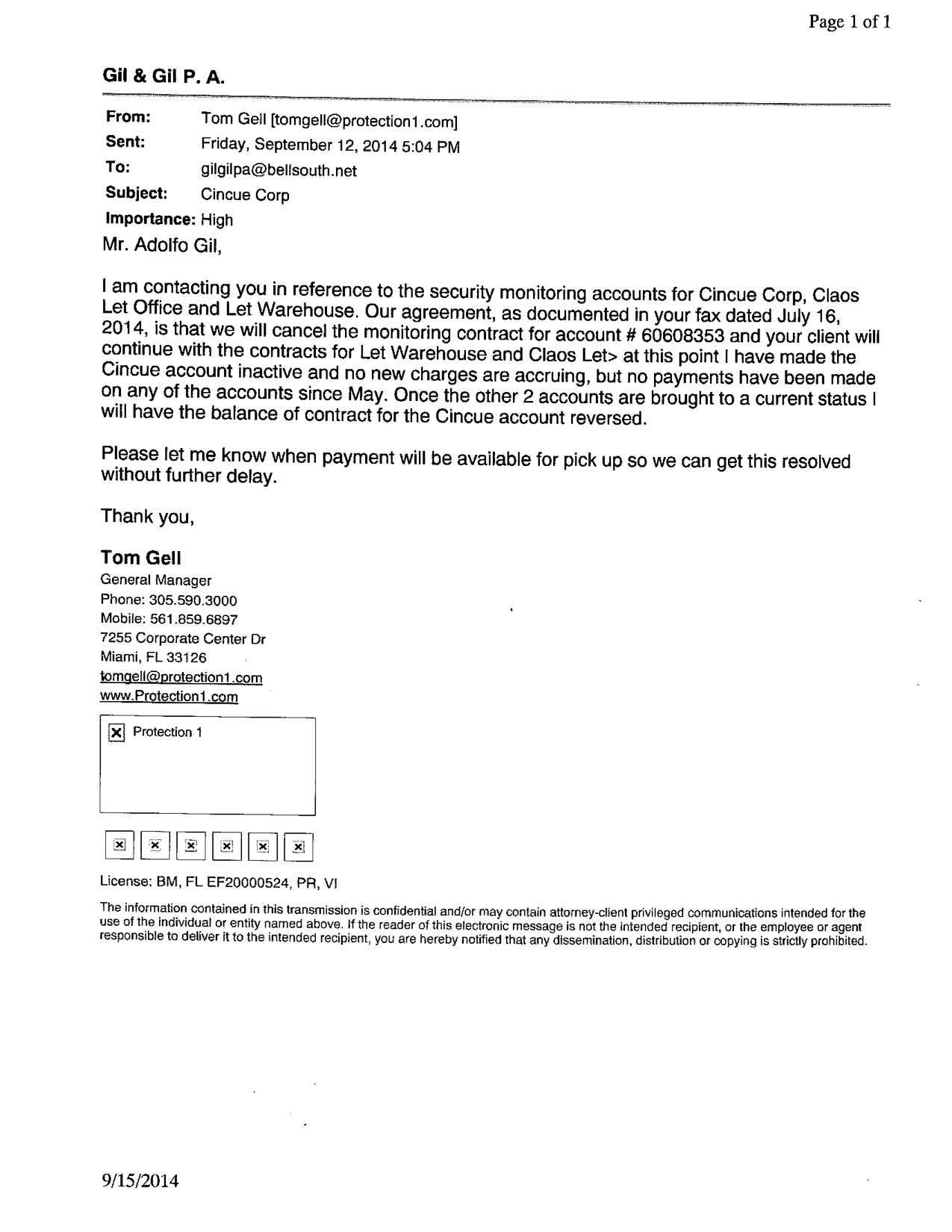 Tom Gell letter, General Manager Protection One Miami