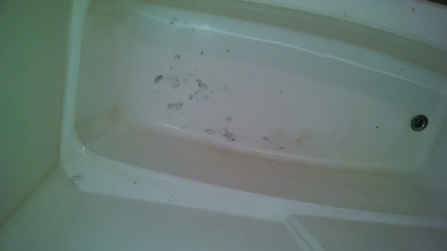 gouged, filthy bathtub