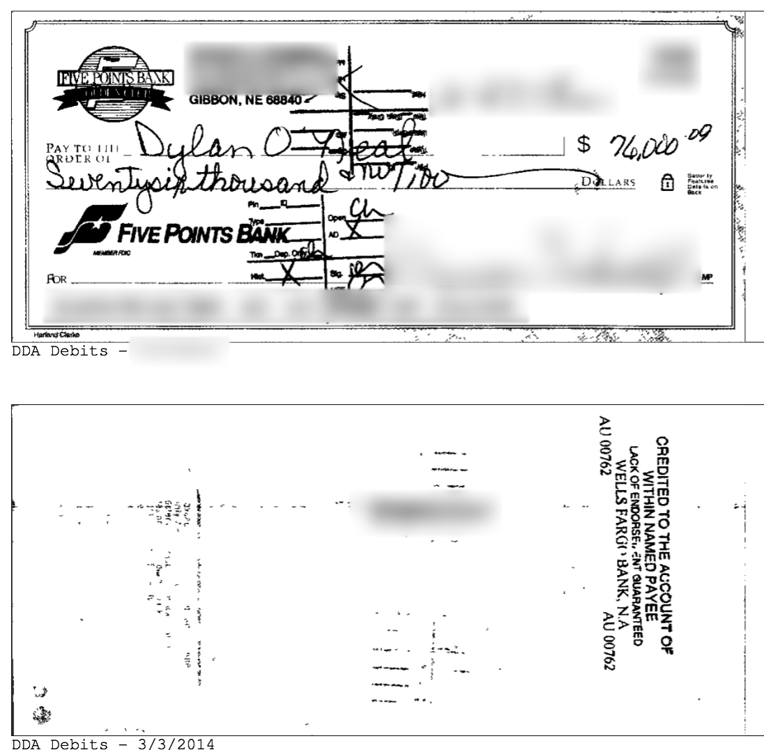 $76,000 USD check made out to Dylan O'Neal