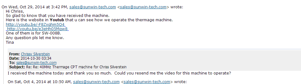 Chriss Silverstein received the machine on Oct 30,2014