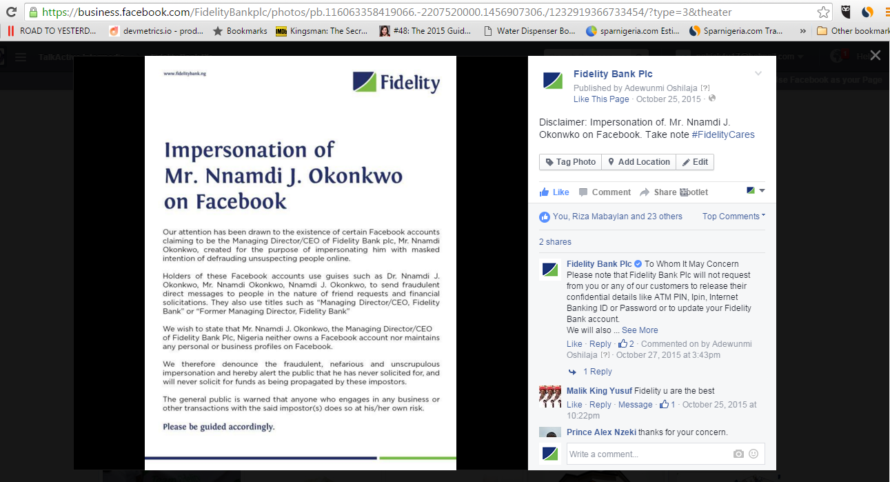 Disclaimer: Impersonation of Mr. Nnamdi J. Okonkwo of Facebook