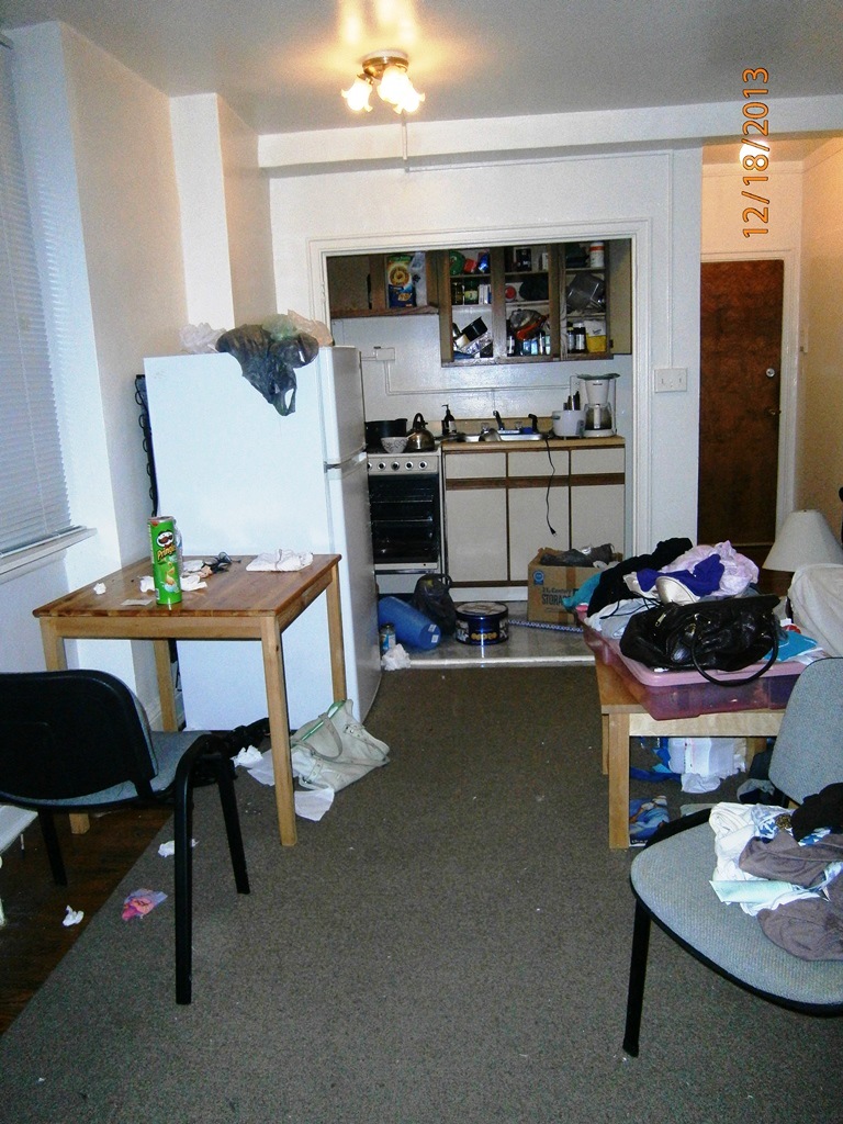 Main living area, again with no water damage.  Please note the lack of cleanliness/tidiness in apartment, caused by the tenant.