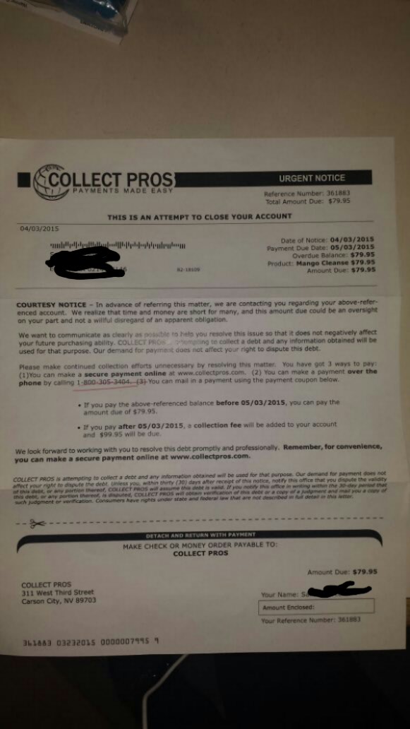 Letter from Collect Pros