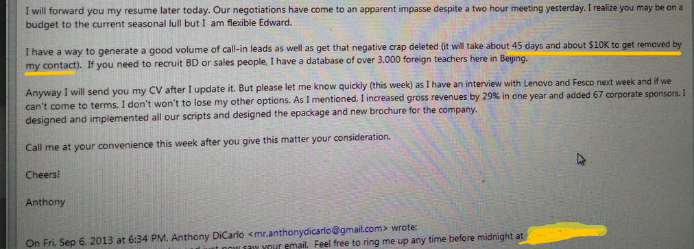 An email from Anthony DiCarlo to CRCC Asia suggesting help with removing all complaints for 100k $