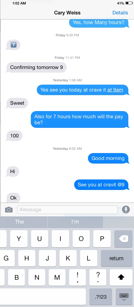 Text message stating proof of pay and hour