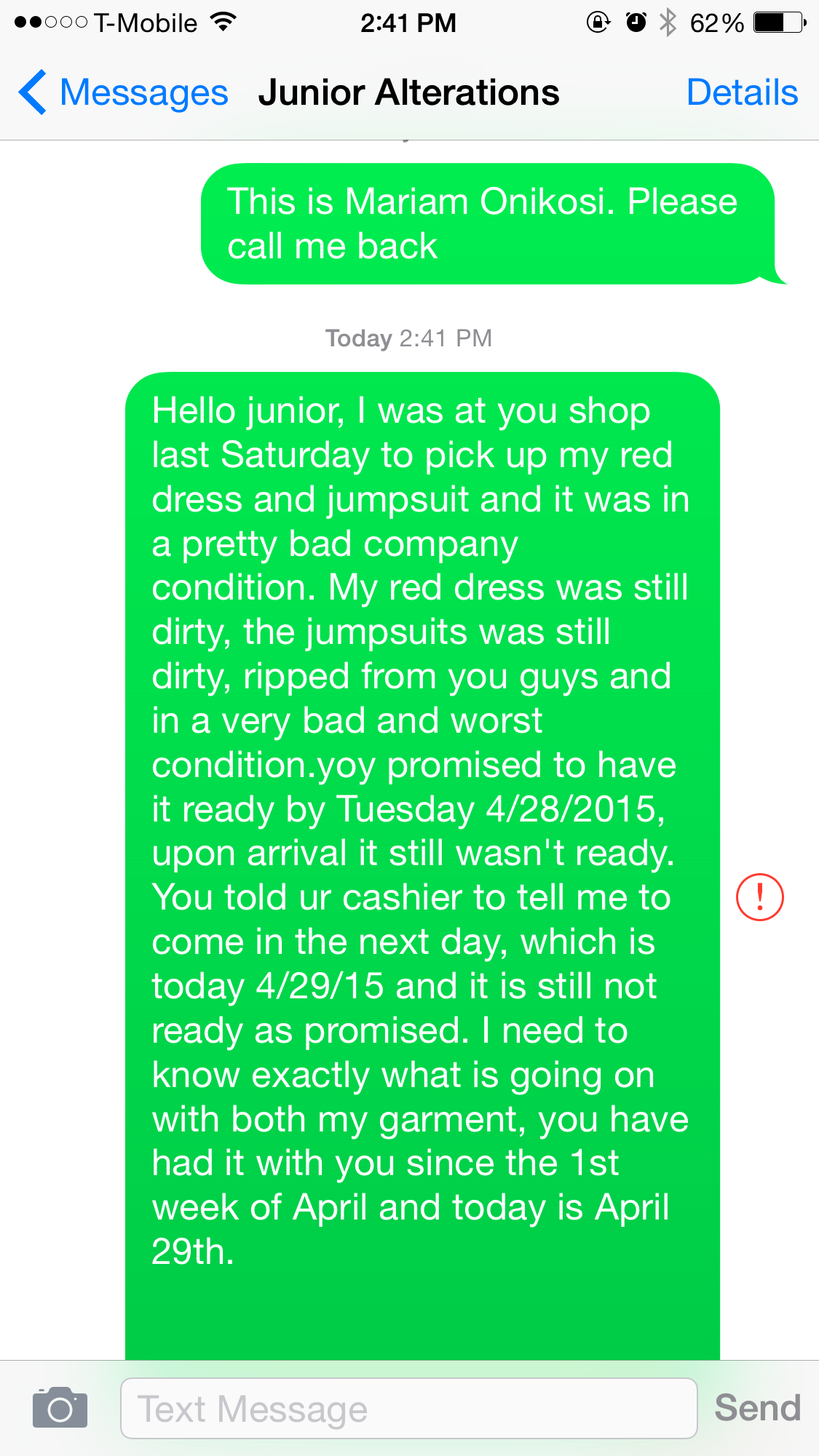 proof of me texting the manager(junior) but no response.

the front desk lady calls him junior, but  I do not kno his real name and never met him before.