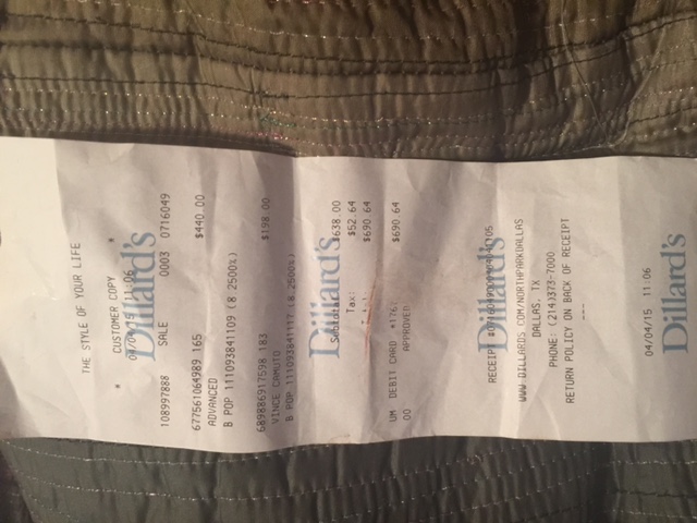 Receipt on how much I spent on both garment from dullard's.