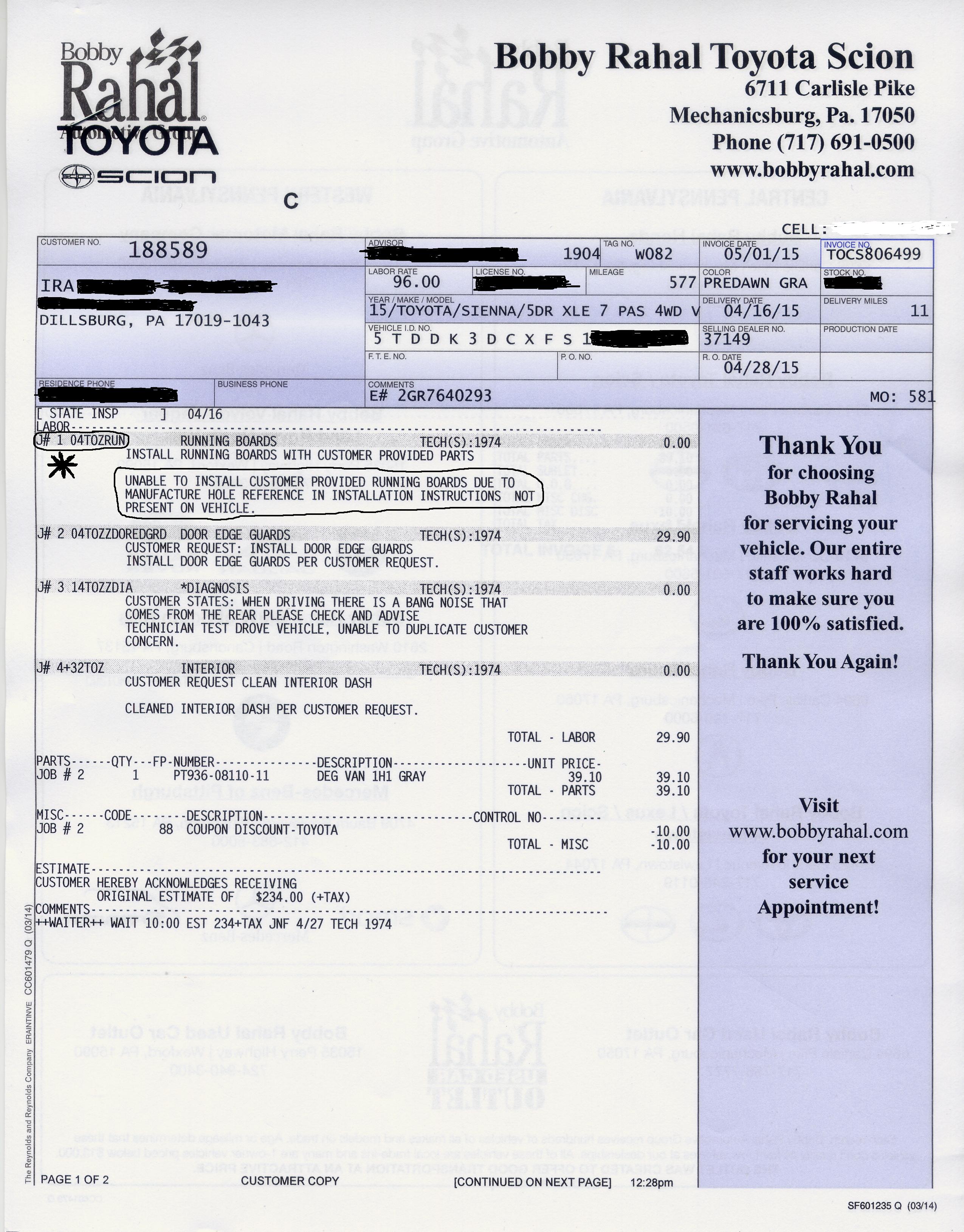 Toyota Dealer invoice stating the running boards do not fit as per instructed by CARiD that they were a "Direct Fit"