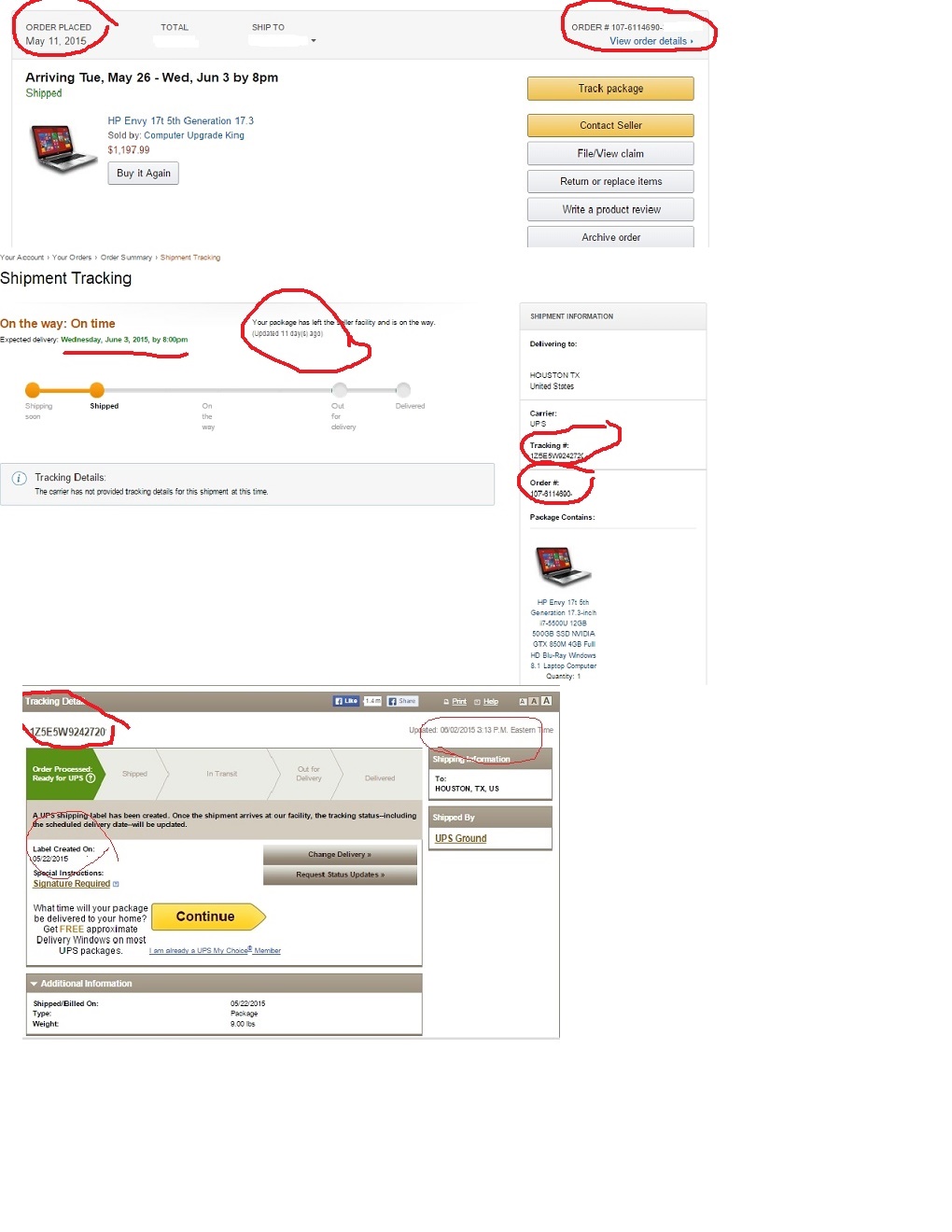 Three screenshot compiled indicating the date of order of said item (5/11/15) and UPS tracking info on 6/2/15 (sensitive info, such as name, address, complete order #, complete UPS tracking #, was rem