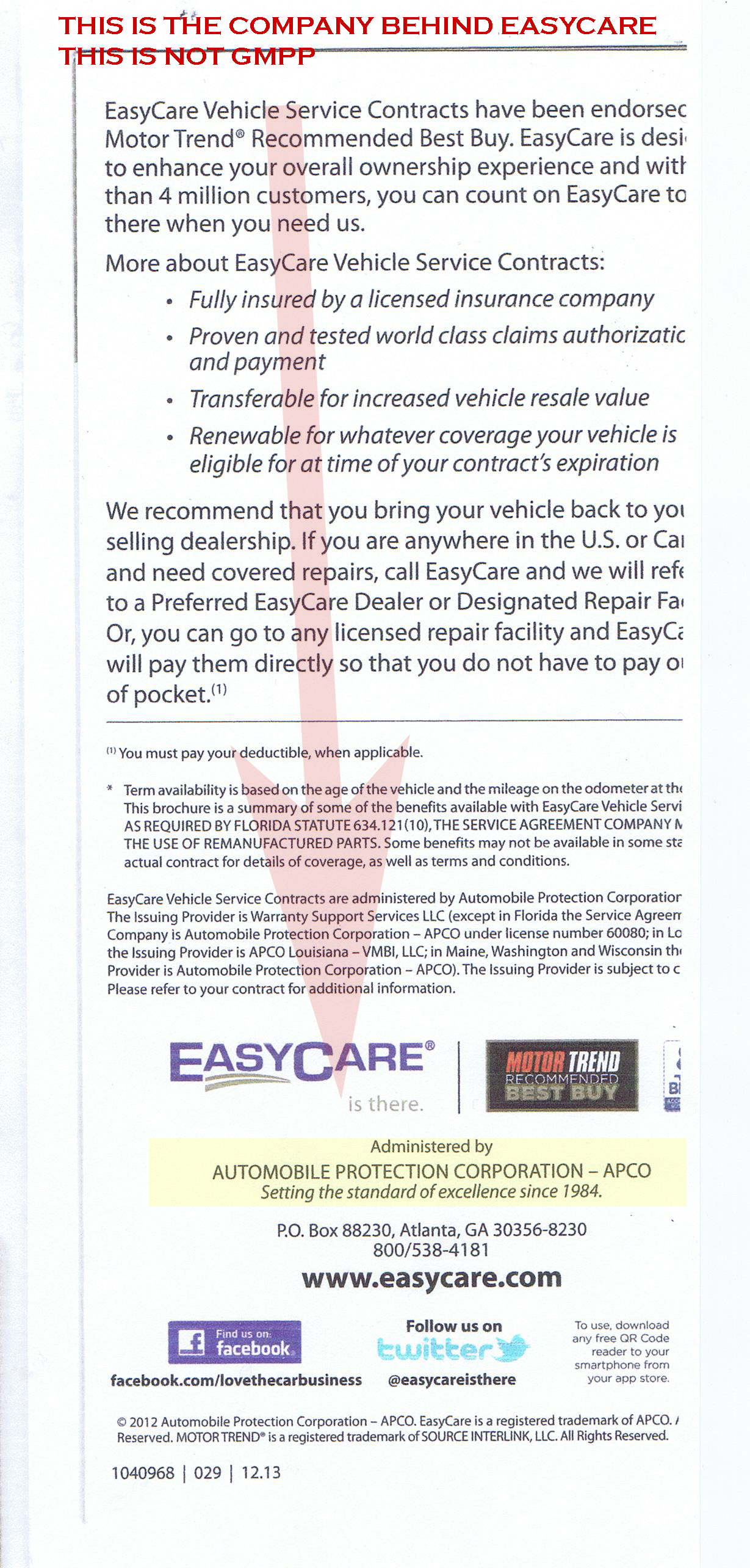 Easycare brochure back showing company behind easycare. 