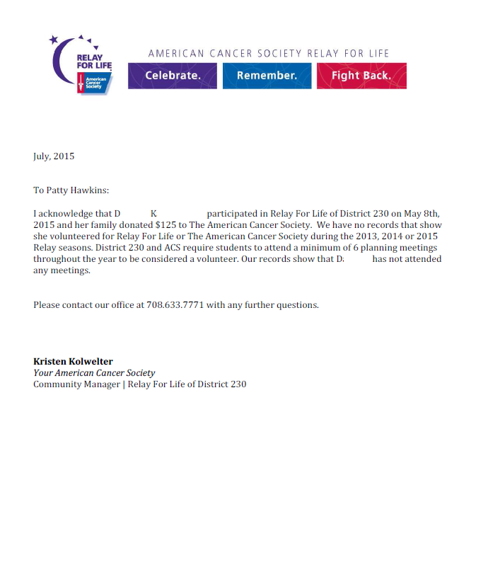 Letter from Relay for Life that Danielle Kaczanowski Did NOT Volunteer for Relay for Life.  Anyone can go to a Black Tie Charity Event and Eat Dinner, Is That Volunteering