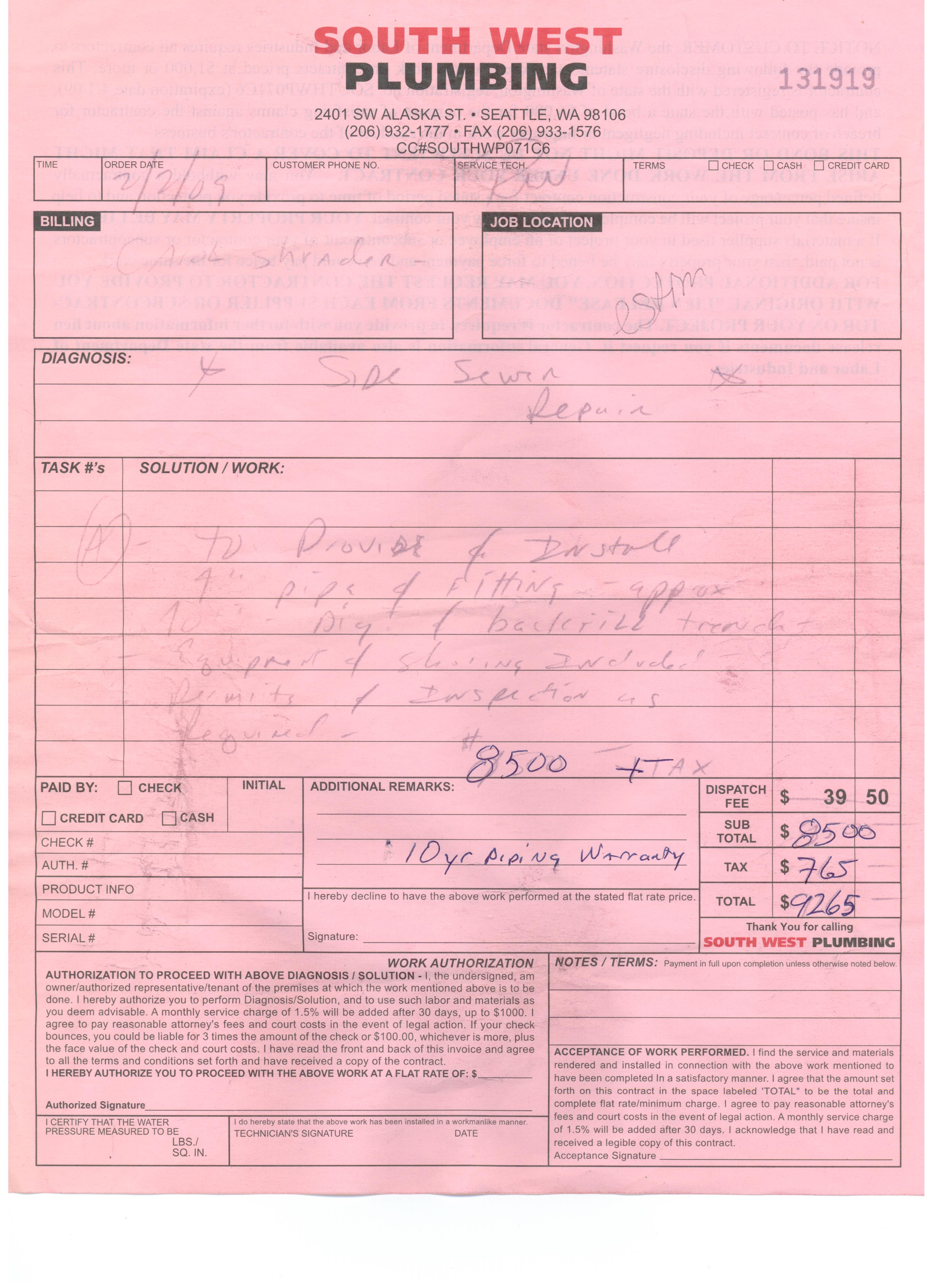 South West Plumbing Outrageous Estimate for New Sewer Line 