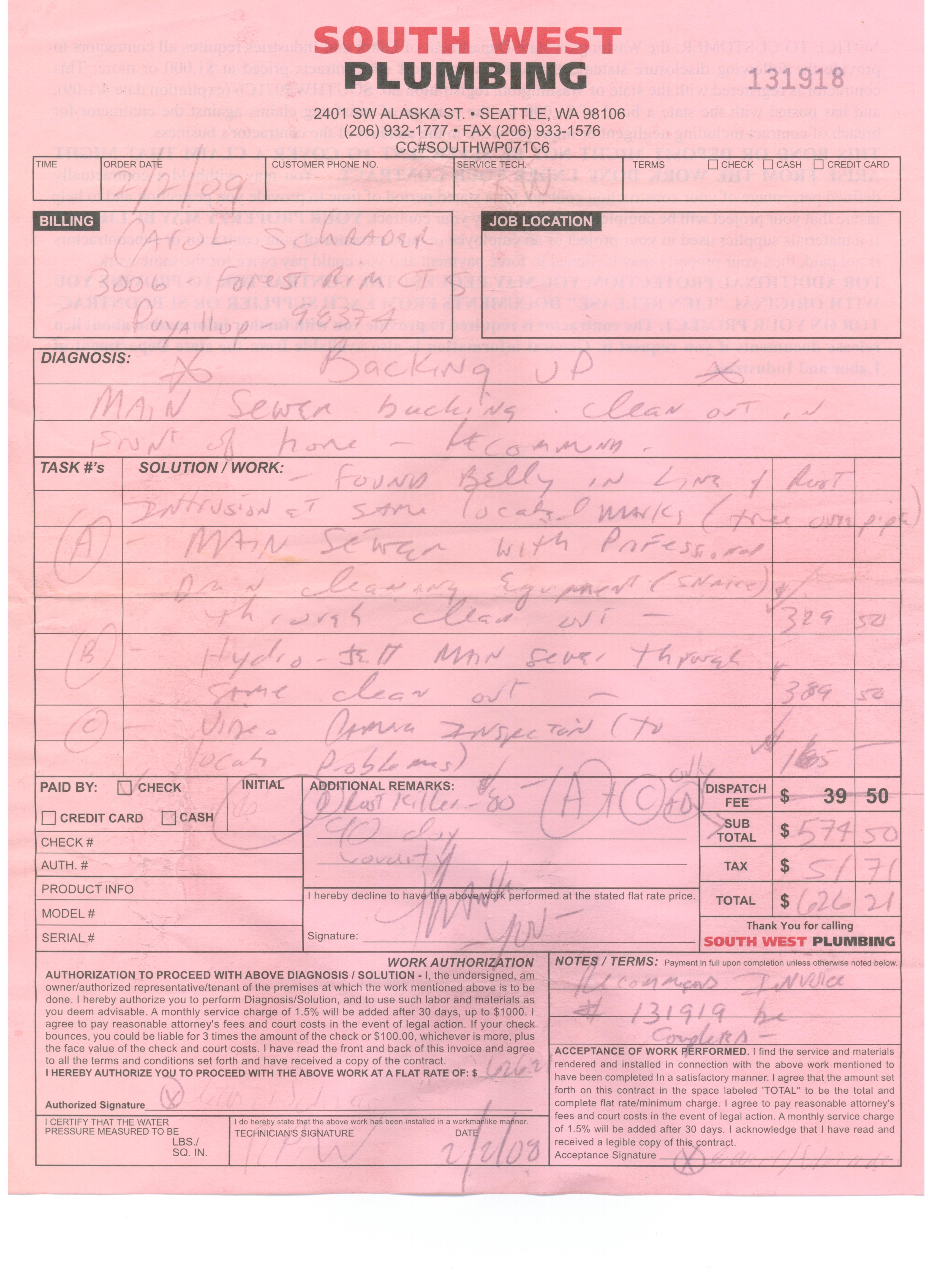 South West Plumbing Receipt for Plumbing Repair