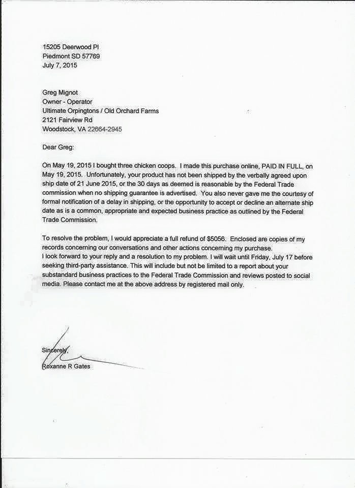 Letter requesting refund IAW Federal Trade Commision's "The Rule" covering internet, interstate commerce