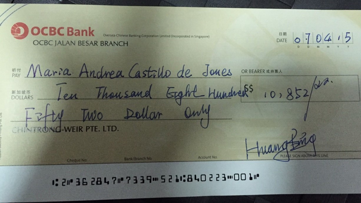 The cheque which is now an evidence with the Police. Written to Maria De Castillo and she used this as Expenses instead of "Closing Fees" How bold is that ?