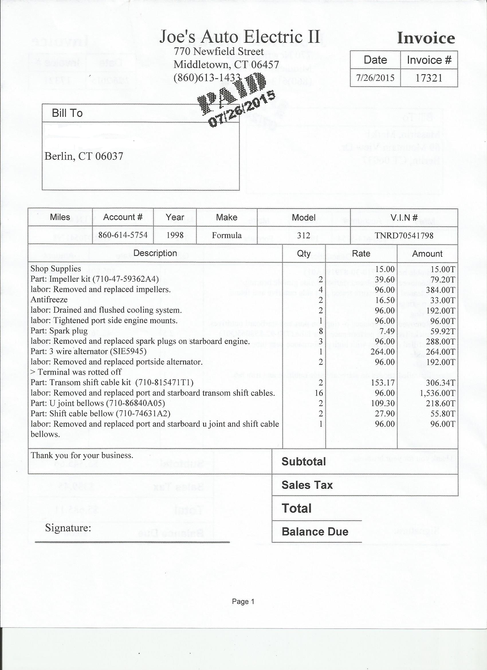 Invoice for the other repairs and to perform all the service that was never done as promised