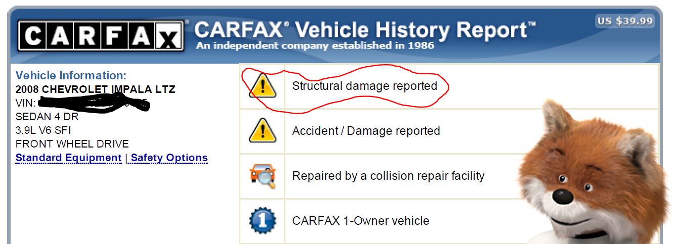 Carfax showing "Structural Damage" after repairs.