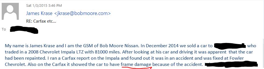 Another Dealership confirmed the car had Frame Damage after driving it.  
